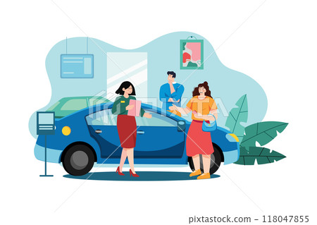 Salesperson showing the vehicle to a potential customer in the dealership Salesperson showing the vehicle to a potential customer in the dealership 118047855