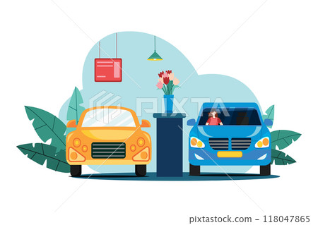 Woman sitting in a car in showroom 118047865