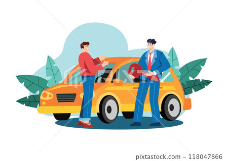 Showroom manager giving new car key to the buyer 118047866