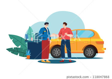 Car dealership seller greeting customer Car dealership seller greeting customer 118047868