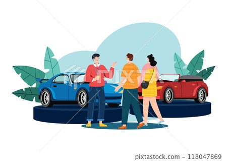 Salesman talking to a young couple at the dealership showroom. Salesman talking to a young couple at the dealership showroom. 118047869