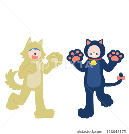 Flat illustration of a boy and girl dressed up for Halloween [werewolf and black cat] 118048175