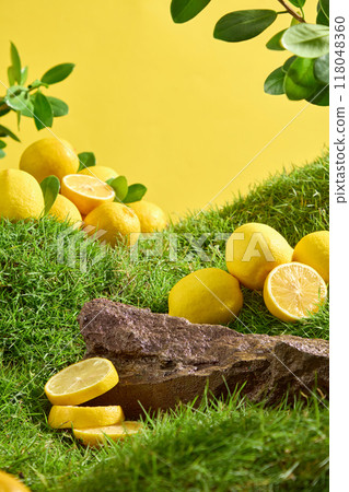 On yellow background and green grass, block of stone decorated with fresh lemons and branches leaves. Front view, natural scene for advertising On yellow background and green grass, block of stone decorated with fresh lemons and branches leaves. Front view, natural scene for advertising 118048360