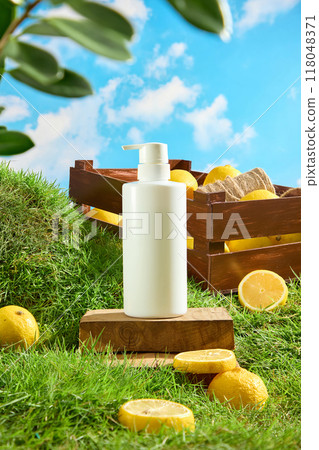 Concept of natural cosmetics with lemon ingredient. Front view of white pump bottle displayed on wooden podium with fresh lemon and lemons slices on green grass and blue sky background Concept of natural cosmetics with lemon ingredient. Front view of white pump bottle displayed on wooden podium with fresh lemon and lemons slices on green grass and blue sky background 118048371