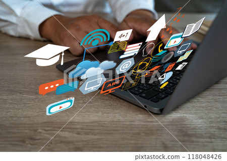 DIGITAL MARKETING new startup project team hands at work with financial reports and a laptop 118048426