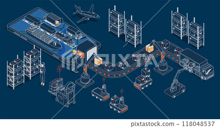 Automated Guided Vehicles (AGVs) and Autonomous Mobile Robots (AMRs) with 5G-enabled mobile tech, virtual mapping revolutionize logistics and smart warehouse management. vector eps10 Automated Guided Vehicles (AGVs) and Autonomous Mobile Robots (AMRs) with 5G-enabled mobile tech, virtual mapping revolutionize logistics and smart warehouse management. vector eps10 118048537