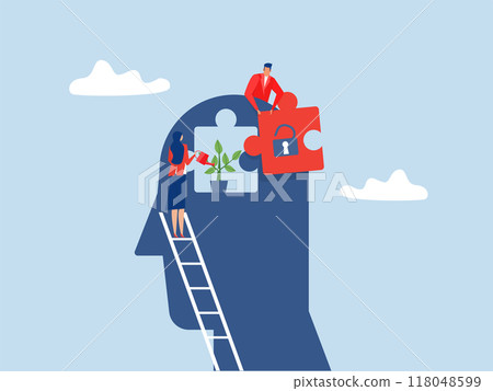 businessman out of jigsaw fix mindset from human with improve or develop ideas growth mindset on the head human concept vector illustrator 118048599