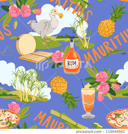 Seamless pattern with Mauritius landmarks in flat style. Vector sugar cane, Mount Peter, Dodo bird, Trochezia budoniana flowers, pineapple, falooda, millionaire salad, Sega music instruments 118048982