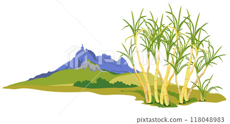 Sugarcane fields with famous Pieter Both mountain in the background. Vector landscape of Moka mountain range, tourist attraction of Mauritius island. Horizontal illustration of landmark in flat style. Sugarcane fields with famous Pieter Both mountain in the background. Vector landscape of Moka mountain range, tourist attraction of Mauritius island. Horizontal illustration of landmark in flat style. 118048983