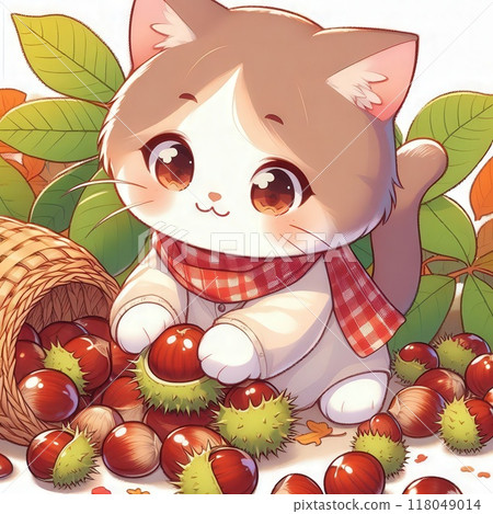 可愛的貓咪在山上摘栗子的插圖 118049014