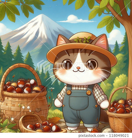 可愛的貓咪在山上摘栗子的插圖 118049021
