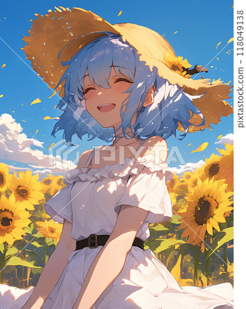 A summer of smiles surrounded by blue skies and sunflowers 118049138