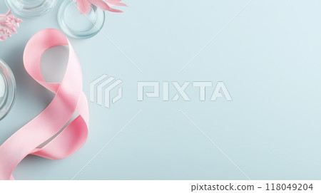 Pink Ribbon Entwined With Laboratory Glassware On A Solid Background 118049204