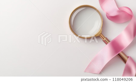 Pink Ribbon on Clean Solid White Background Minimal Studio Shot 118049206