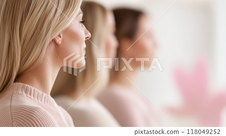 Group of Attentive Women Listening to a Lecture or Presentation in a Bright Modern Office Setting 118049252