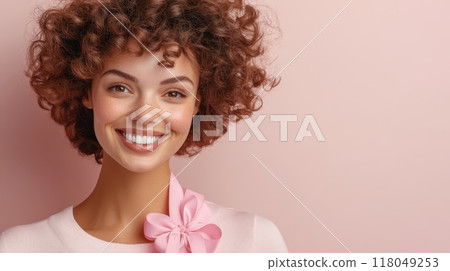 Cheerful Smiling Woman with Curly Hair Wearing Pink Ribbon 118049253