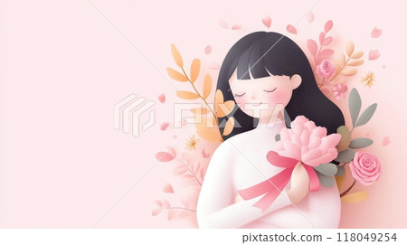 Cheerful Woman Embracing Floral Arrangement in Awareness Campaign 118049254