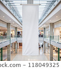 Mall hanging banner mockup. Blank white vertical indoor advertising poster sign billboard template design in shopping center or supermarket. AI generated 118049325
