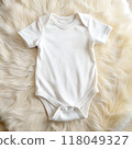 Baby bodysuit clothes mockup. Top view blank white soft cotton newborn onesie t-shirt jumpsuit for logo pattern design template. AI generated 118049327