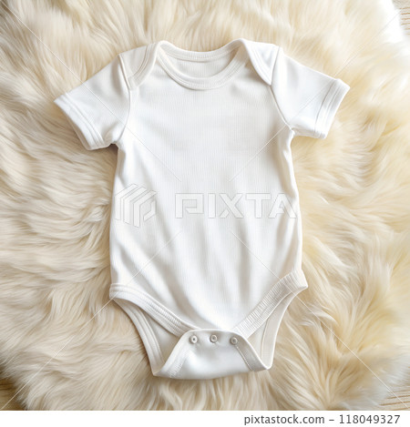 Baby bodysuit clothes mockup. Top view blank white soft cotton newborn onesie t-shirt jumpsuit for logo pattern design template. AI generated 118049327