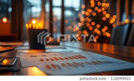 Cozy Winter Home Office with Festive Bokeh Lights and Warm Fireplace 118049422