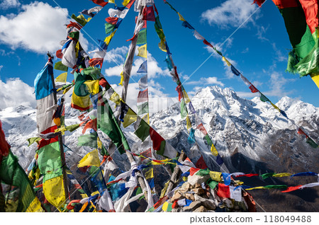 Beautiful view of Mt.Naya Kanga an iconic mountains in Langtang valley of Nepal seen from Tsergo Ri (4,990m) the high point on the Langtang valley trek of Nepal. 118049488