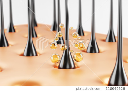 3d hair care, scalp skin with follicles and gold oil drops render mockup banner. Lamination or keratin repair. Cosmetic treatment product advertising with yellow liquid bubbles serum. 3D illustration 3d hair care, scalp skin with follicles and gold oil drops render mockup banner. Lamination or keratin repair. Cosmetic treatment product advertising with yellow liquid bubbles serum. 3D illustration 118049626