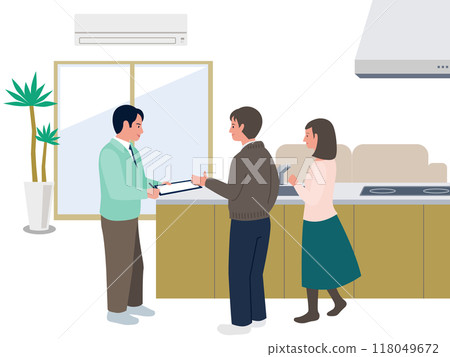 向量圖顯示一名男性承包商和一對年輕夫婦在客廳、餐廳和廚房舉行裝修會議。 向量圖顯示一名男性承包商和一對年輕夫婦在客廳、餐廳和廚房舉行裝修會議。 118049672