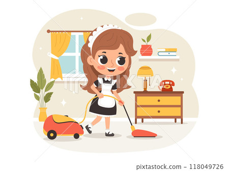 Professional Maid Vector Illustration of a Girl Cleaning Service Worker Wearing a Uniform and Apron While Cleaning a House in a Cartoon Background 118049726