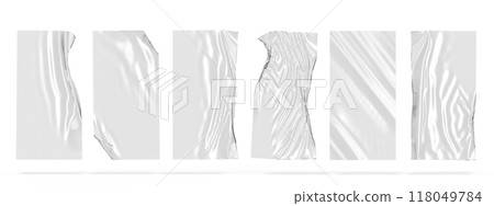 3d plastic wrap texture, transparent rectangle film pieces with damaged shrink. Cellophane or polyethylene with wrinkle mockup. Realistic render packaging tape material set with fold. 3D illustration 118049784