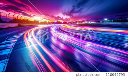 Neon Light Trails on Speedway at Sunset 118049793