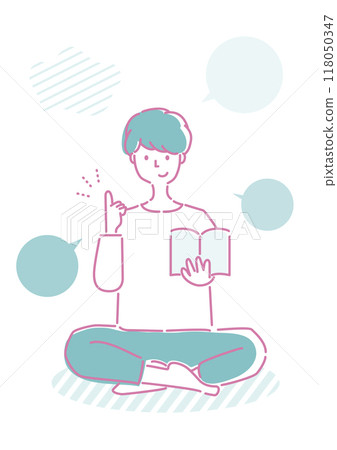 Illustration of a man having an epiphany while reading a book and a set of simple speech bubbles 118050347