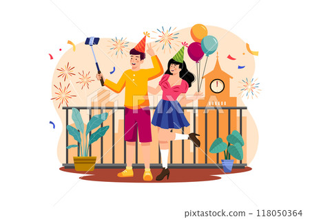 Couple taking a selfie to celebrate new years eve 118050364