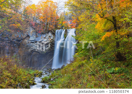 Waterfall surrounded by autumn leaves 118050374