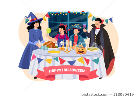 Family having Halloween dinner together Family having Halloween dinner together 118050419