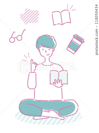 A set of line drawings of inspired men and icons depicting studying 118050434