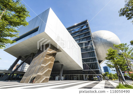 Building view of the Taipei Performing Arts Center in Taiwan. it's a modern building combining cube and sphere geometry. Building view of the Taipei Performing Arts Center in Taiwan. it's a modern building combining cube and sphere geometry. 118050490
