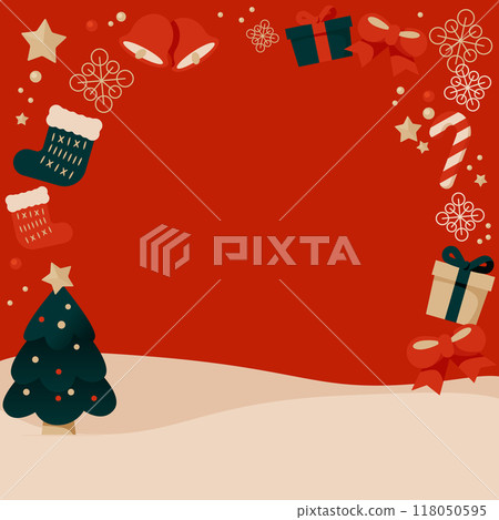 Christmas background illustration with piled up snow, Christmas tree, stockings, gifts and ornaments. Christmas background illustration with piled up snow, Christmas tree, stockings, gifts and ornaments. 118050595