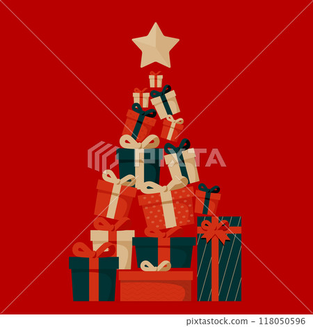 聖誕節背景圖。禮物堆積如山。頂部有一顆星星。 聖誕節背景圖。禮物堆積如山。頂部有一顆星星。 118050596