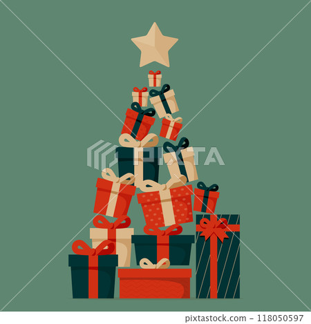 聖誕節背景圖。禮物堆積如山。頂部有一顆星星。 118050597