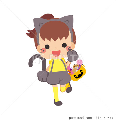 一個可愛的女孩在萬聖節扮演怪物貓並拿著一桶糖果的插圖，向量，白色背景 118050655