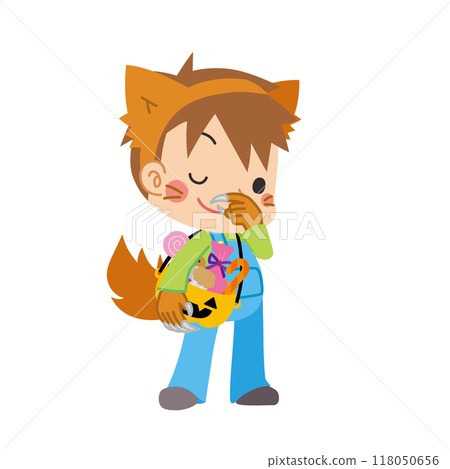 一個可愛的男孩在萬聖節穿著狼人服裝，拿著一桶糖果，向量，白色背景的插圖 118050656