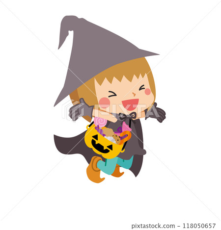 一個可愛的女孩在萬聖節穿著女巫服裝，拿著一桶糖果，向量，白色背景的插圖 118050657