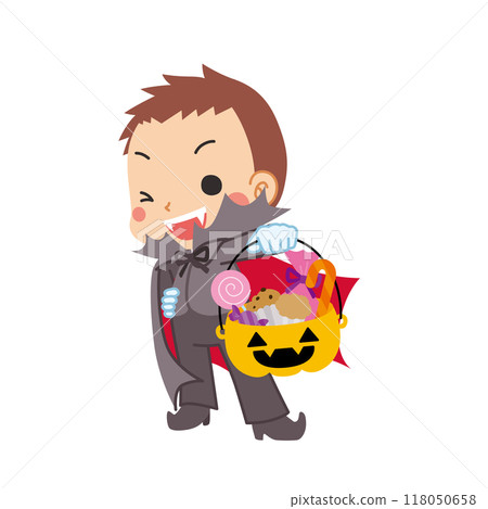 一個可愛的男孩在萬聖節穿著吸血鬼服裝，拿著一桶糖果，向量，白色背景的插圖 118050658