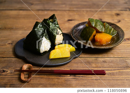 Rice balls and boiled pumpkin Rice balls and boiled pumpkin 118050896