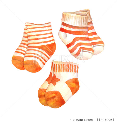 Baby striped socks. Watercolor pairs of infant sox in white-orange colors. Isolated clipart suitable for textiles, scrap or wrapping paper, wallpaper, children party invitations, cards or decorations 118050961