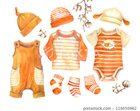 Baby clothes set. Cotton garments for Infant kids. Bright orange and white bodysuit and overall for boy or girl. Colorful socks and funny hats with ears for newborn. Hand drawn watercolor illustration 118050962