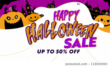 Happy Halloween sale advertising background template (purple) decorated with pumpkins and castles 118050983