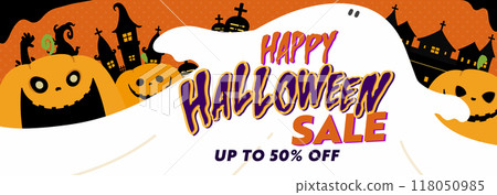 Happy Halloween sale advertising background banner template (orange) decorated with pumpkins and castle 118050985