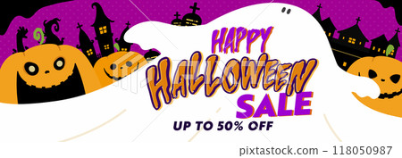 Happy Halloween sale advertising background banner template (purple) decorated with pumpkins and castle 118050987